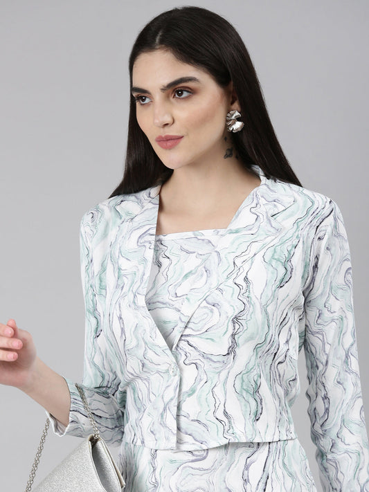 Women's Off White Abstract Printed Cotton Shoulder Straps A-Line Dress