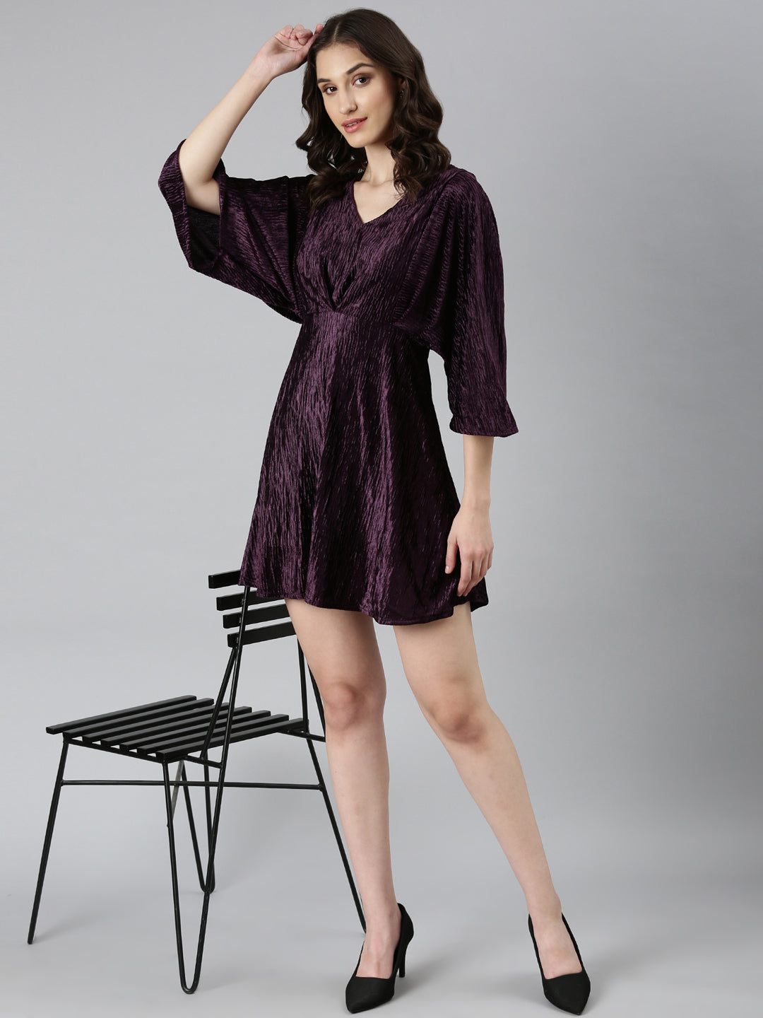 Women's Purple Self Design Flared Sleeves Velvet Fit & Flare Mini Dress