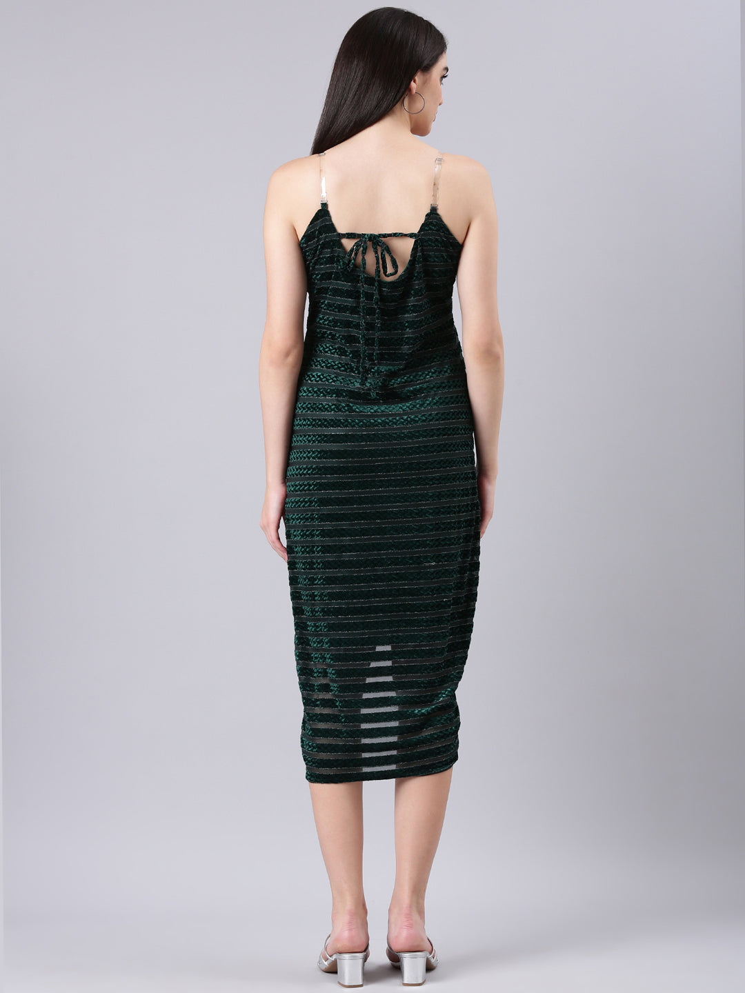 Women's Green Shoulder Strap Ruched Velvet Sheath Dress