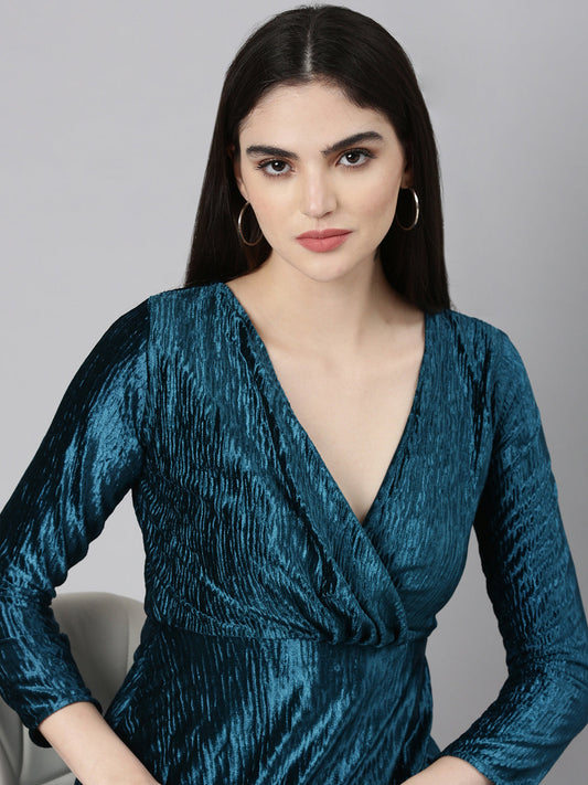 Women's Teal V-Neck Puff Sleeve Velvet Dress