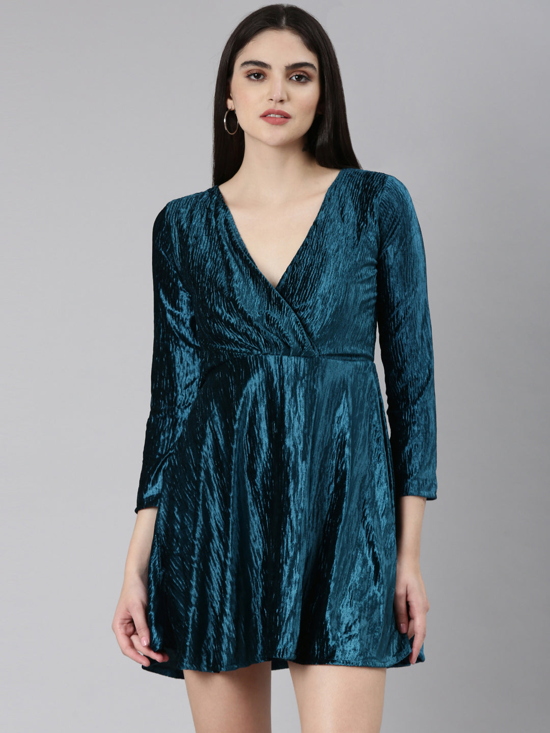 Women's Teal V-Neck Puff Sleeve Velvet Dress