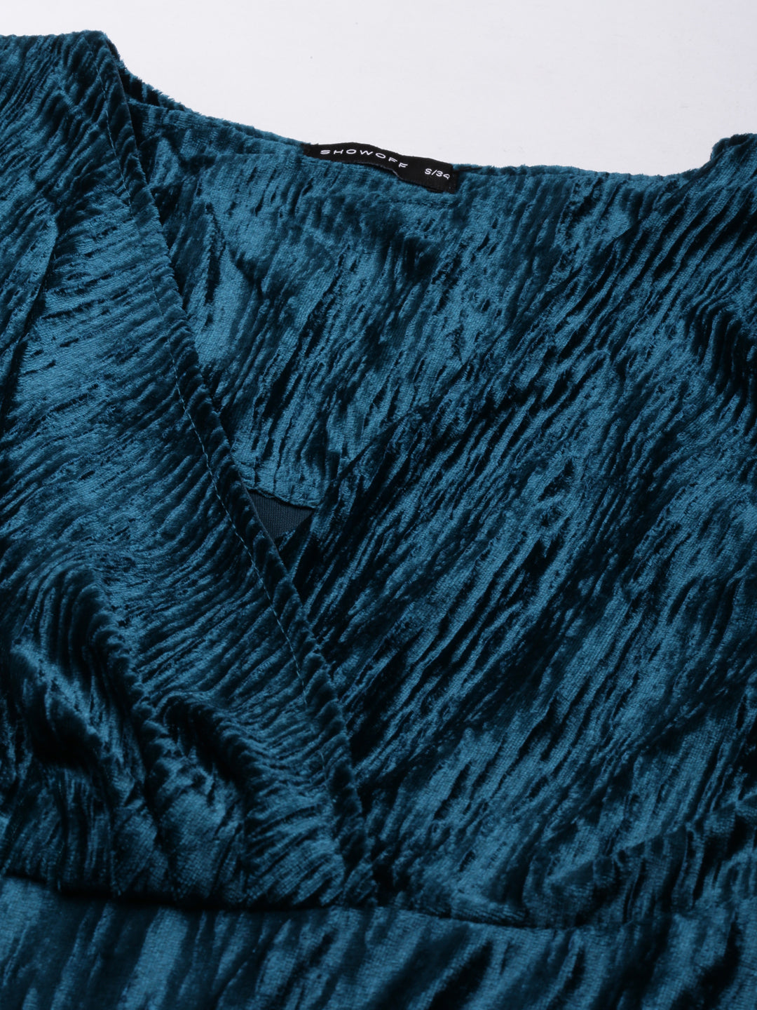 Women's Teal V-Neck Puff Sleeve Velvet Dress