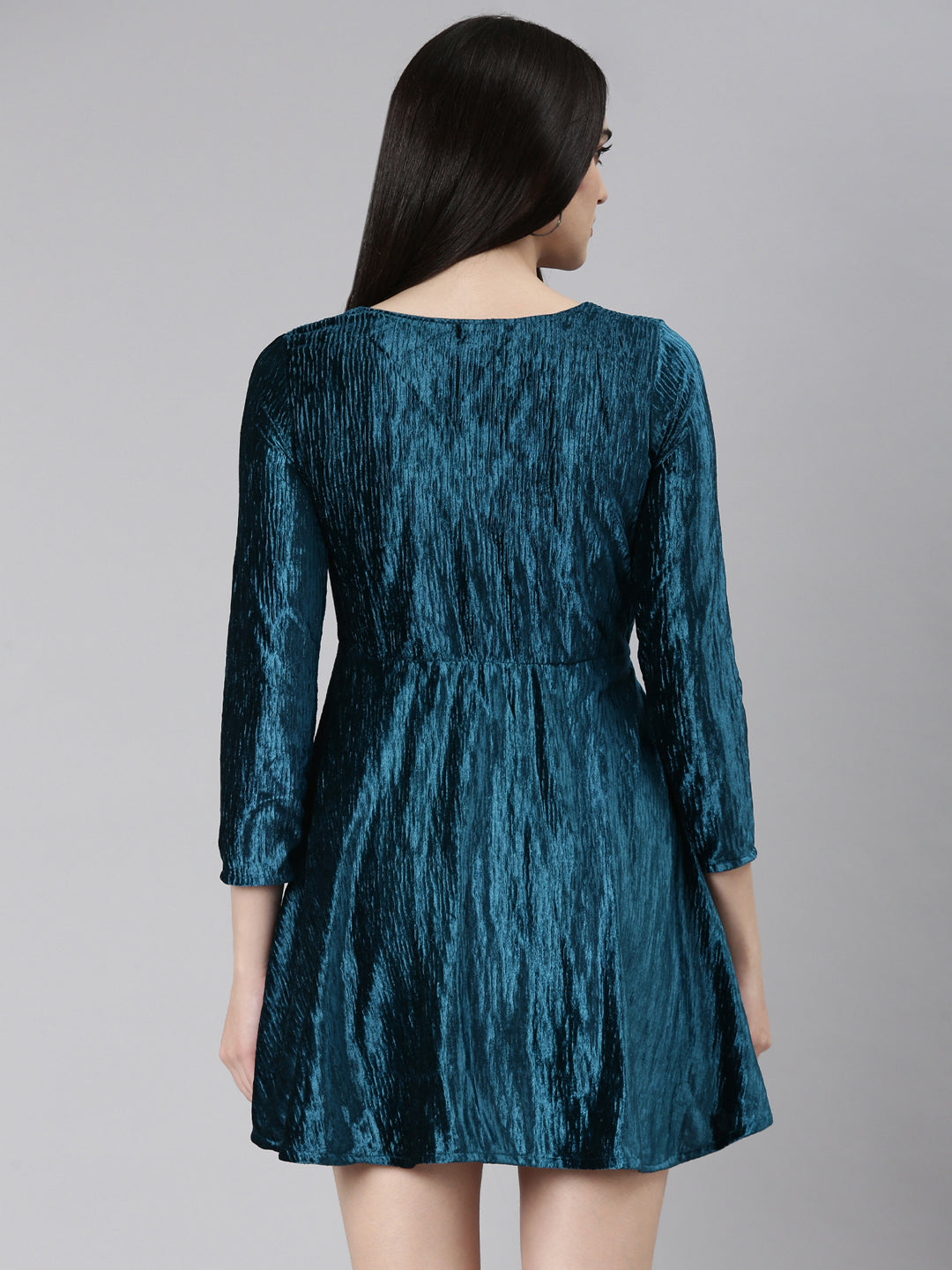 Women's Teal V-Neck Puff Sleeve Velvet Dress