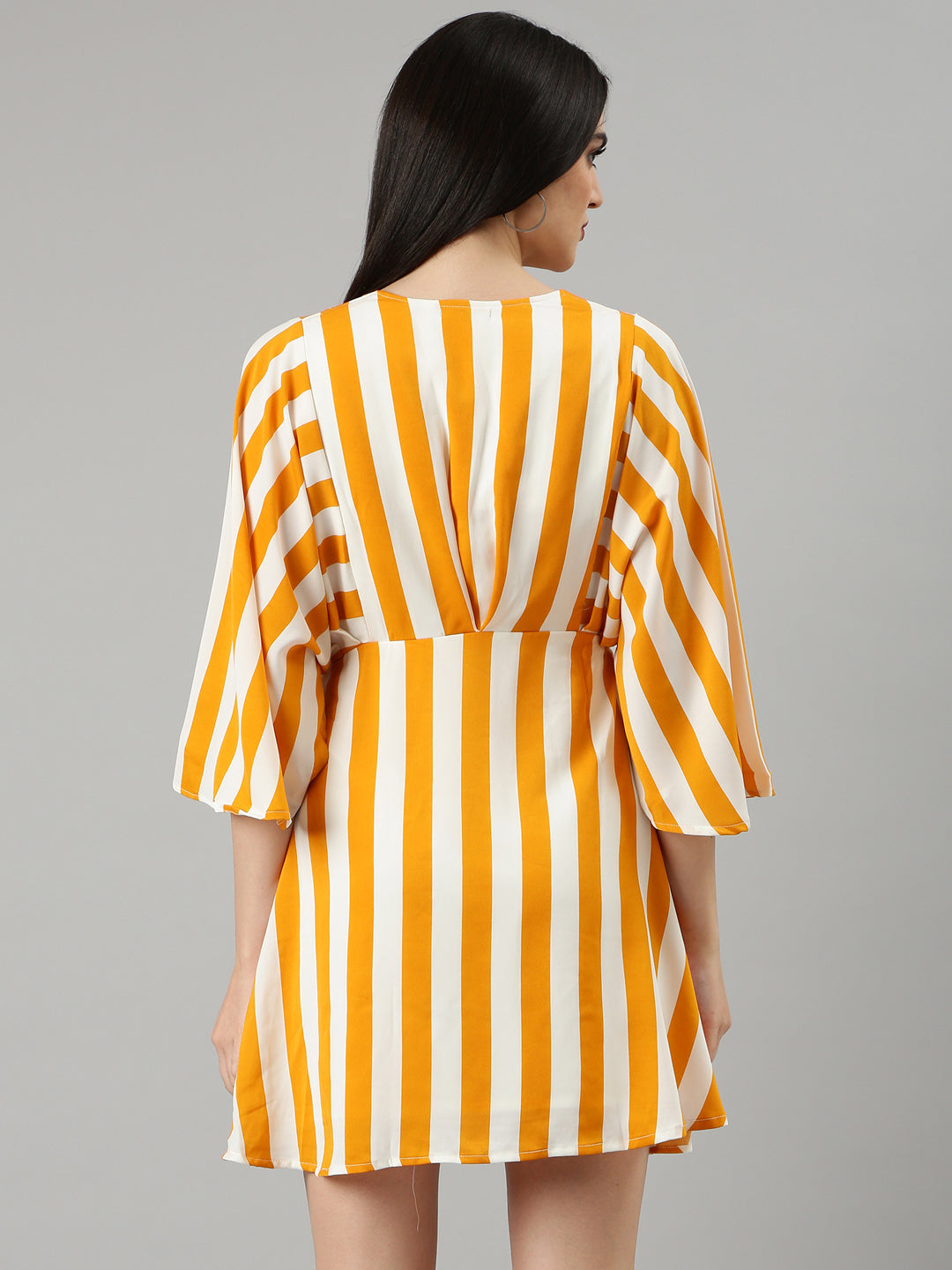 Women's Mustard Striped Flared Sleeve A-Line Dress