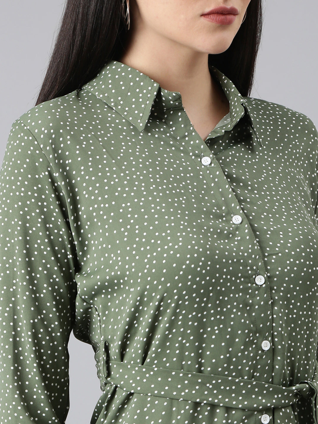 Women's Olive Printed Shirt Midi Dress