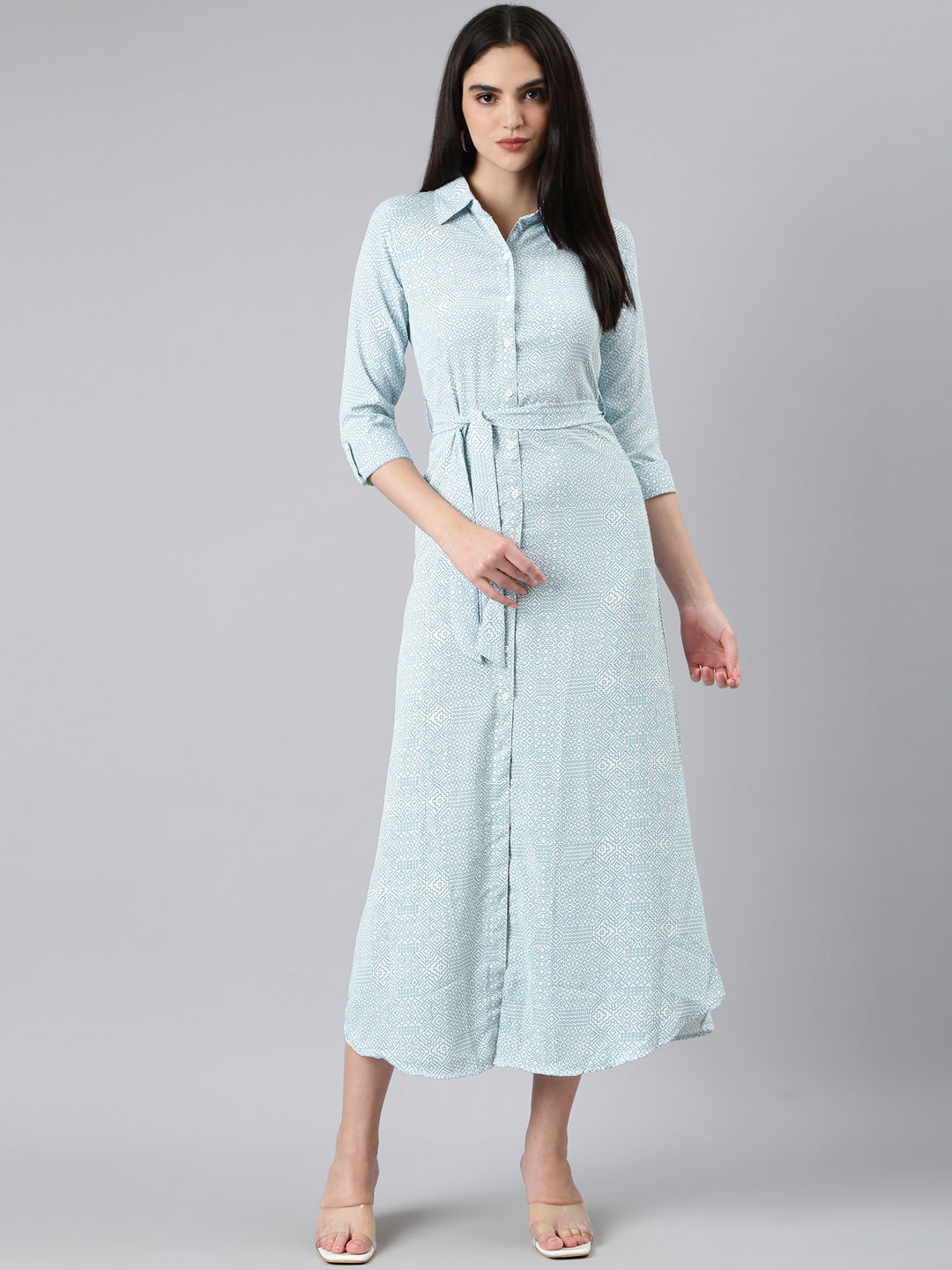 Women's White Geometric Printed Shirt Collar Roll-Up Sleeves Belted Midi Shirt Dress