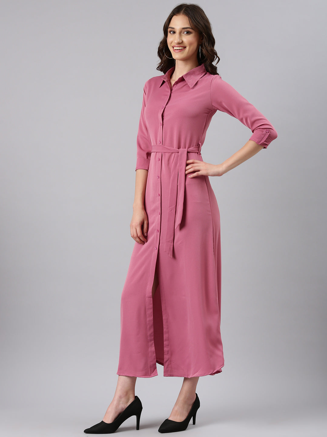 Women's Mauve Belted Georgette Shirt Style Midi Dress