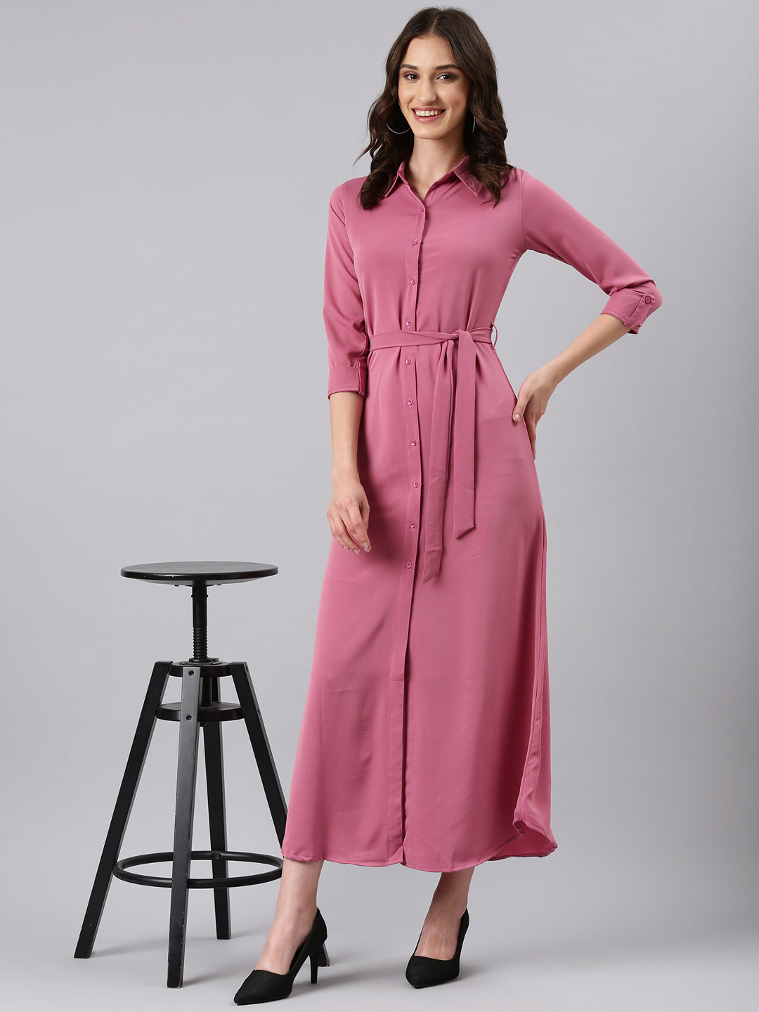 Women's Mauve Belted Georgette Shirt Style Midi Dress