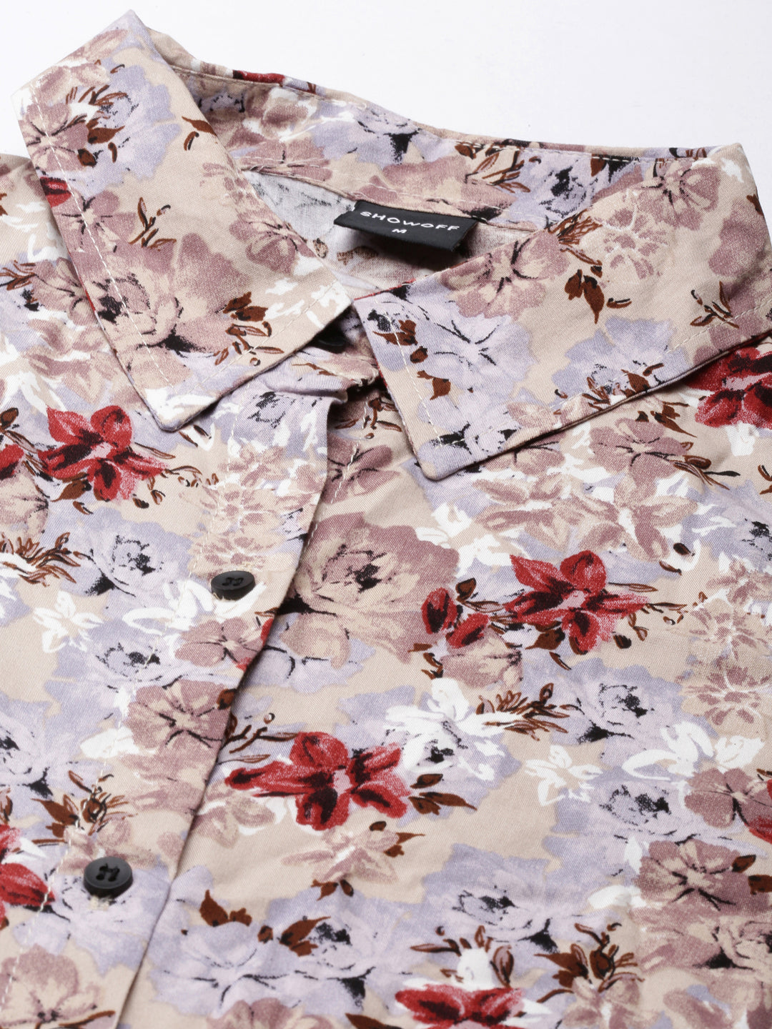 Women's Beige Floral Printed High Low Shirt Dress