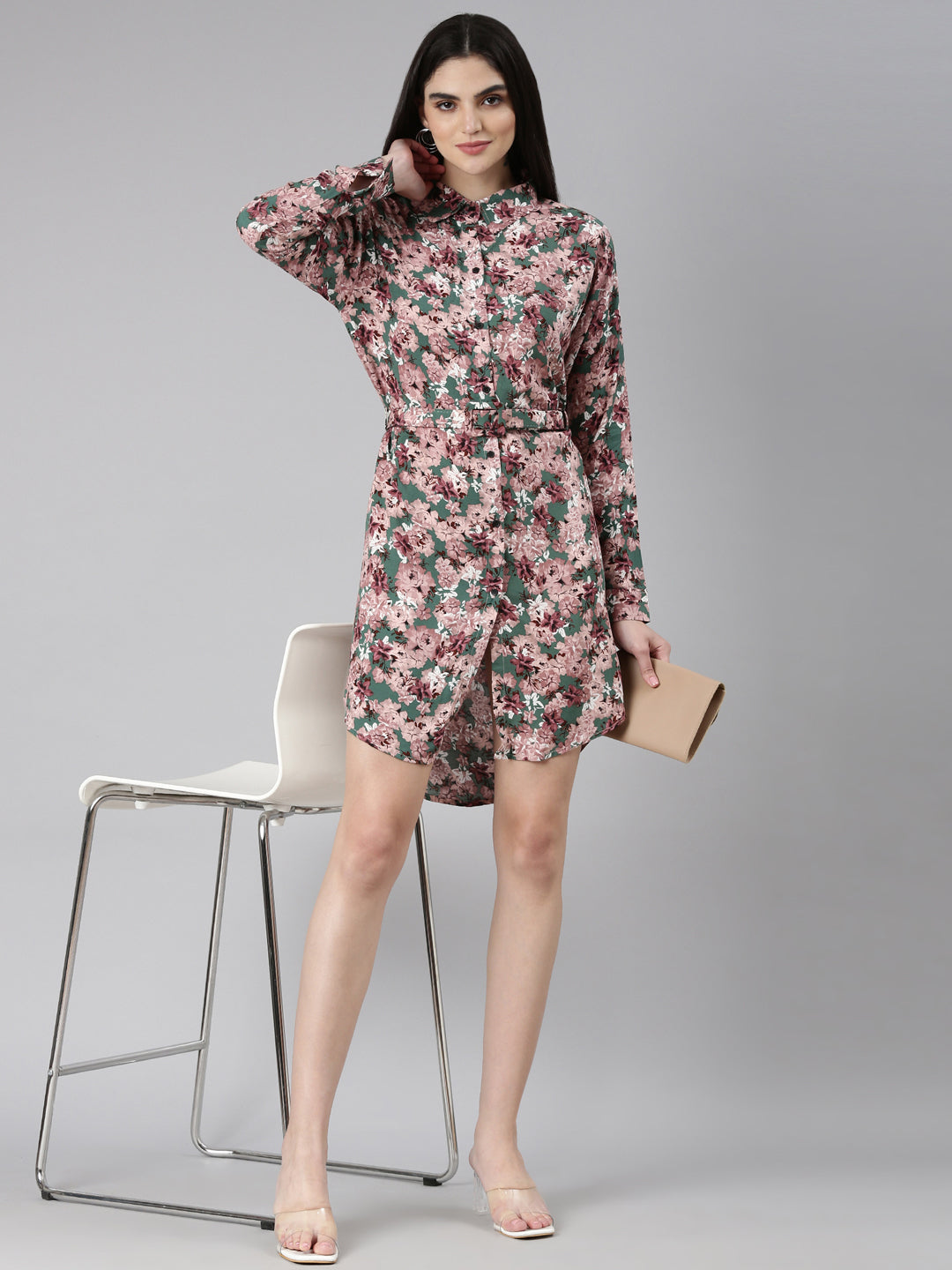 Women's Green Floral Printed Shirt Dress