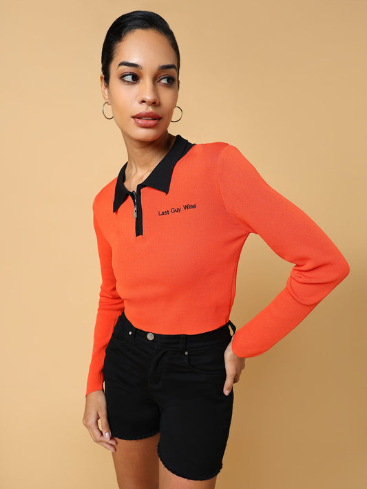 Women's Orange Solid Shirt Collar Top