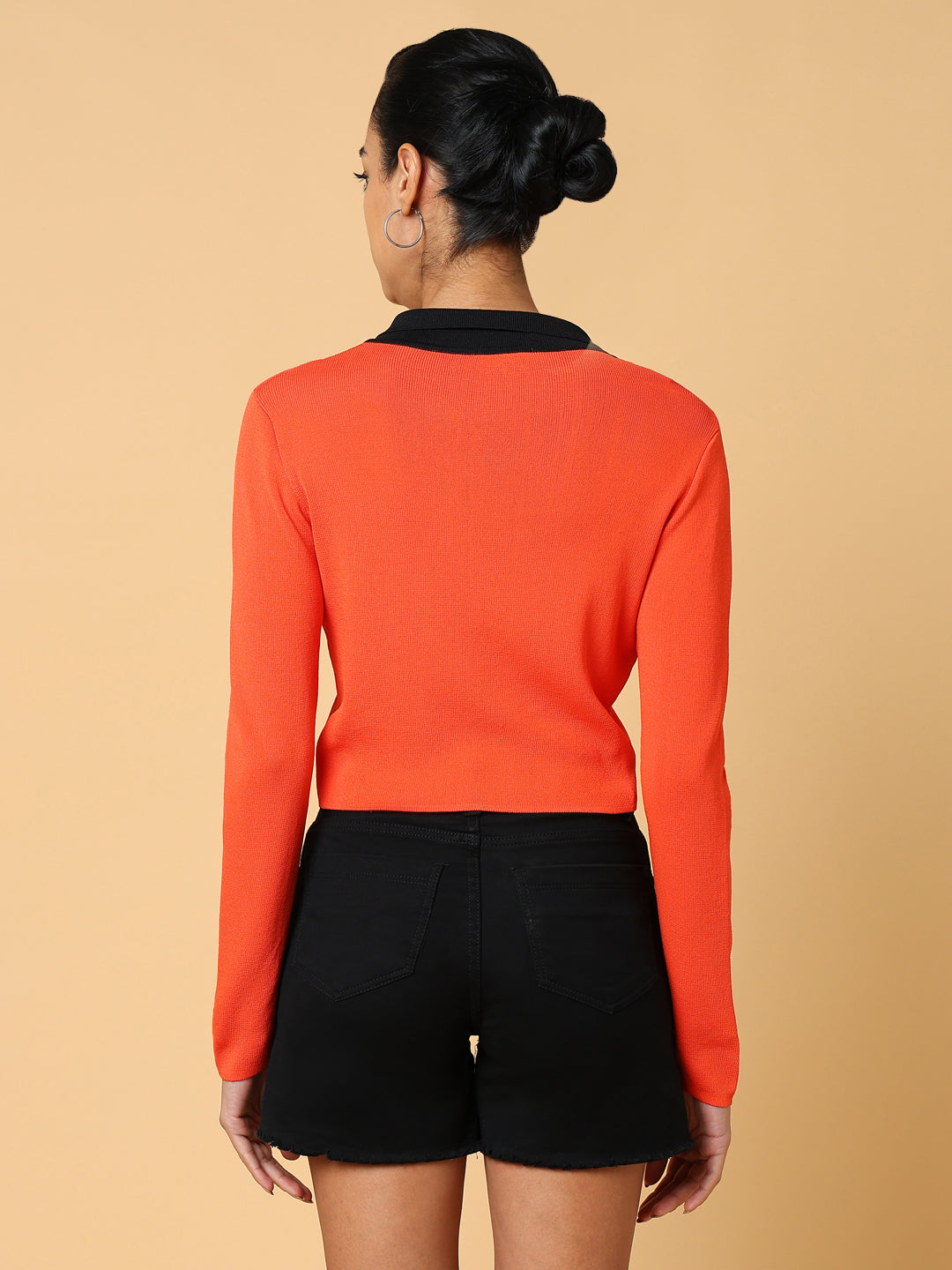Women's Orange Solid Shirt Collar Top