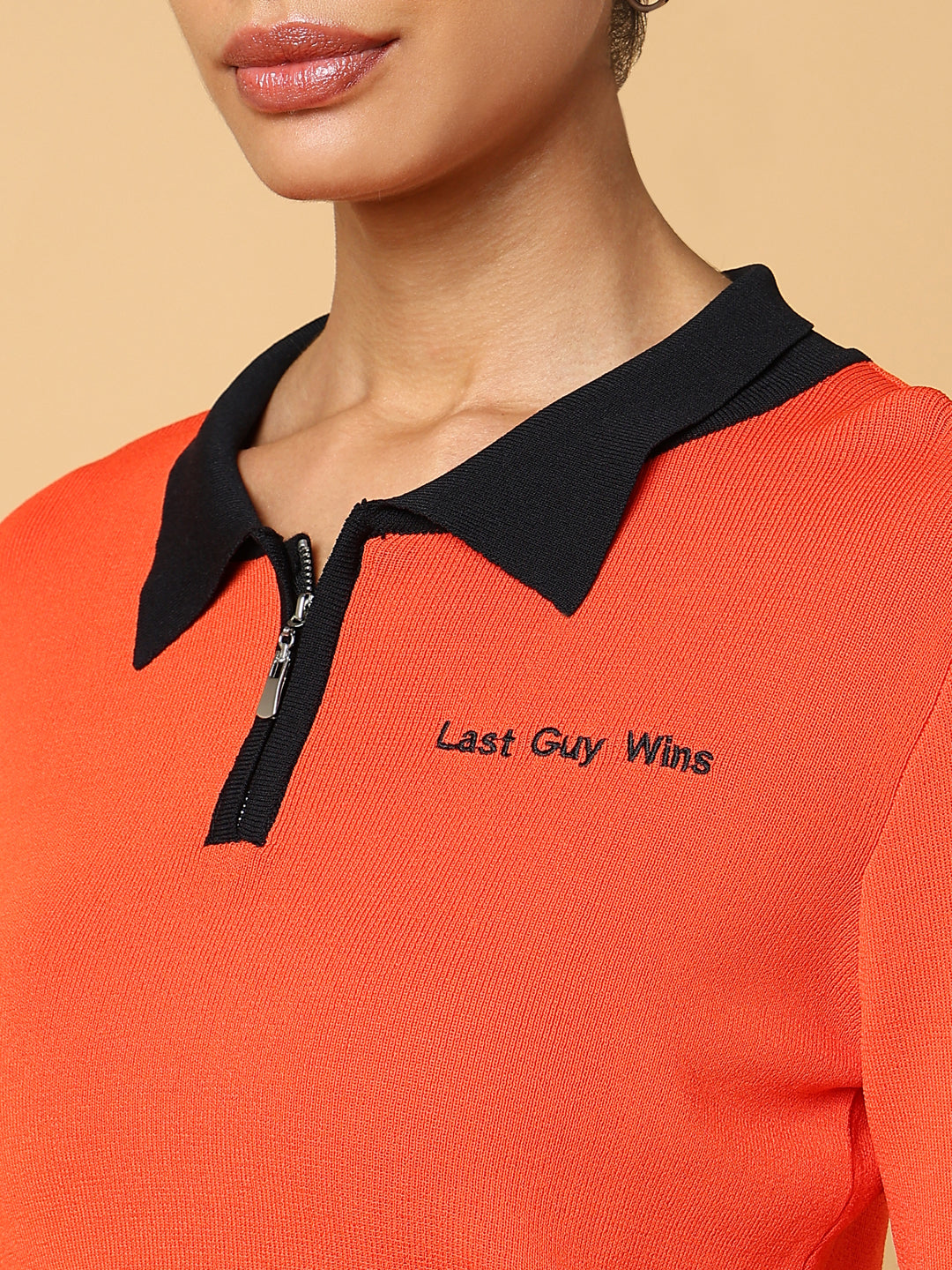 Women's Orange Solid Shirt Collar Top