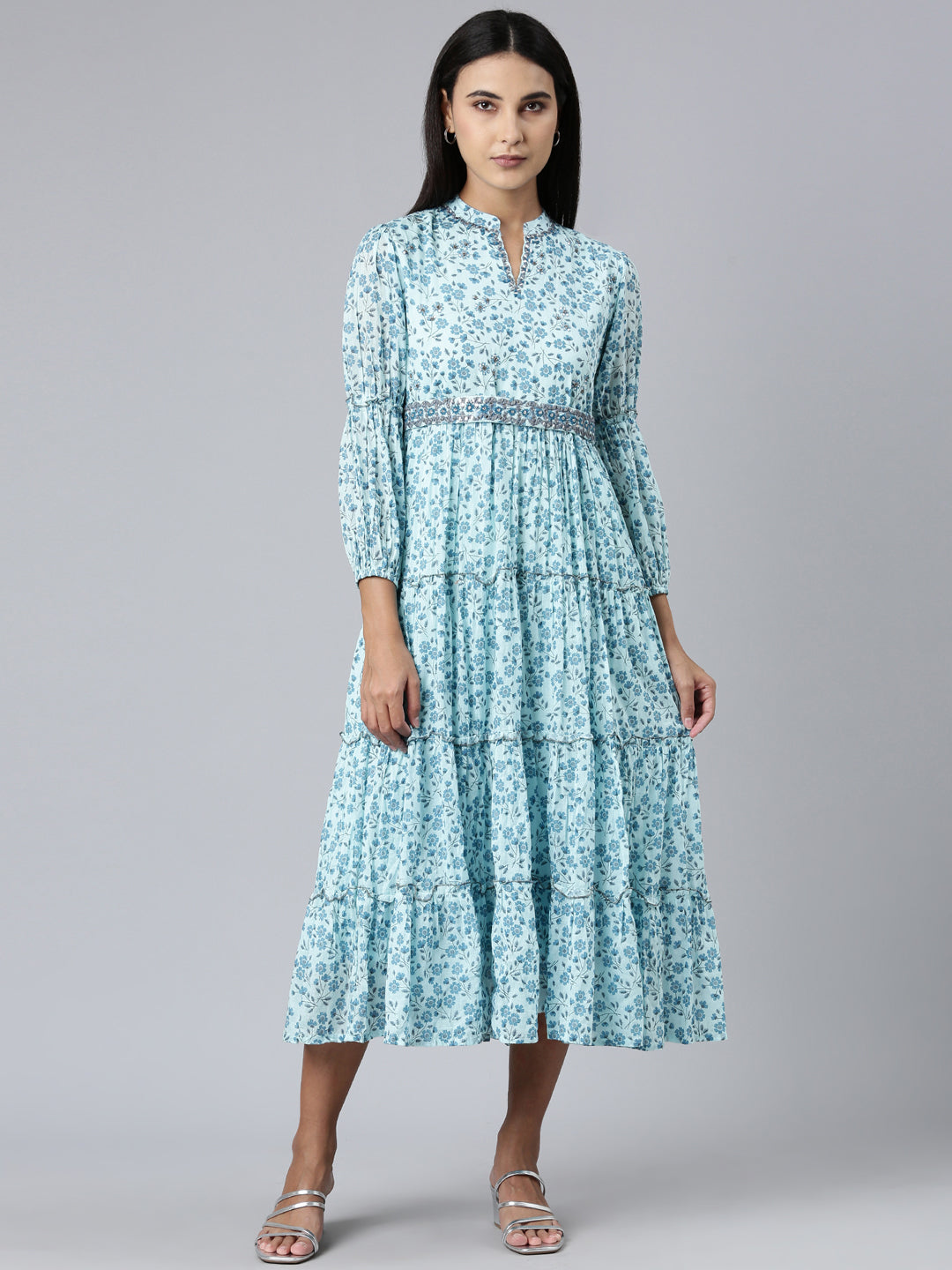 Women's Blue Floral Printed Mandarin Collar Puff Sleeve Cotton Fit and Flare Dress