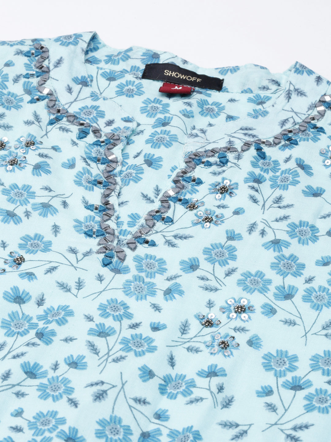 Women's Blue Floral Printed Mandarin Collar Puff Sleeve Cotton Fit and Flare Dress