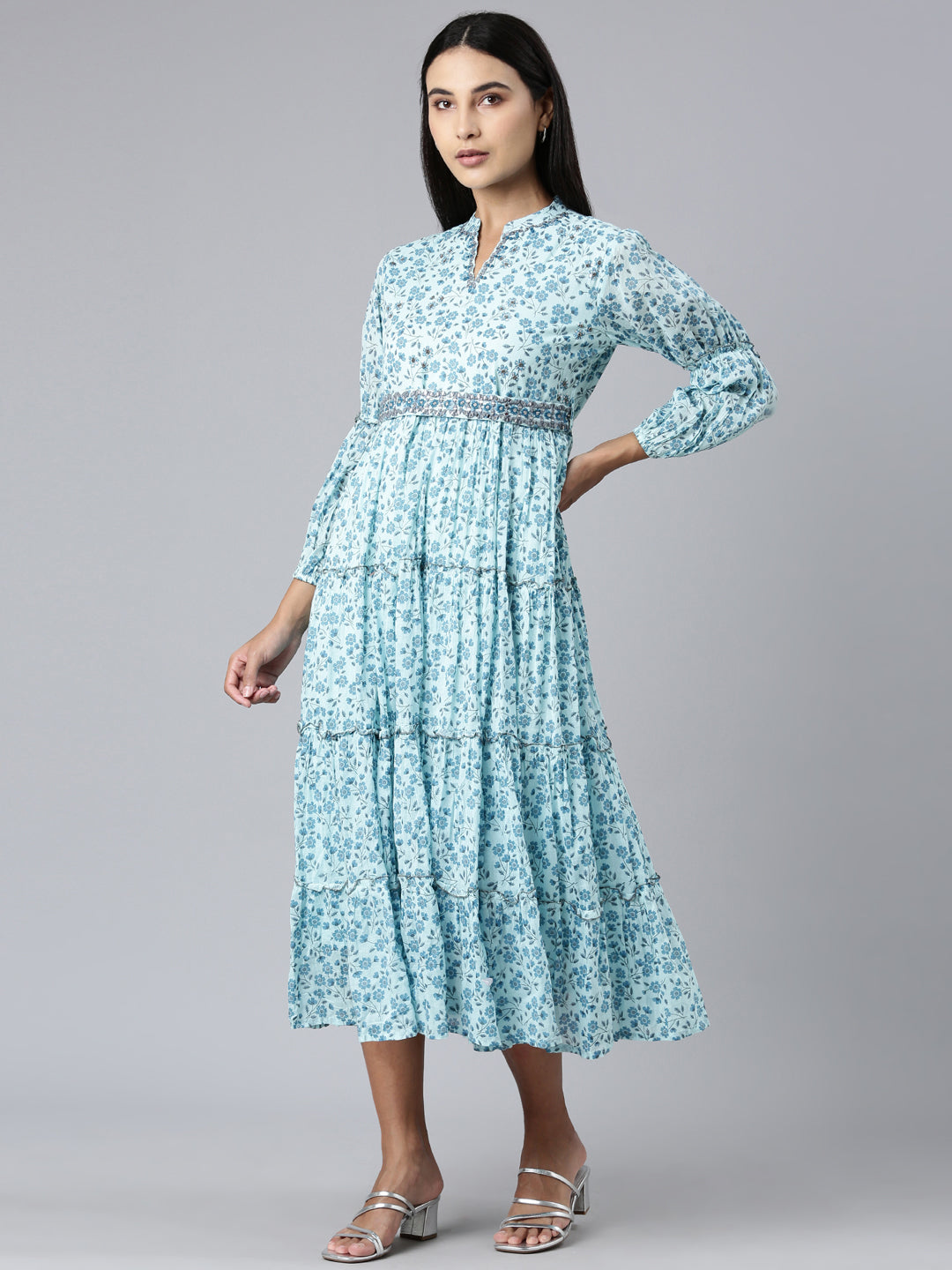 Women's Blue Floral Printed Mandarin Collar Puff Sleeve Cotton Fit and Flare Dress