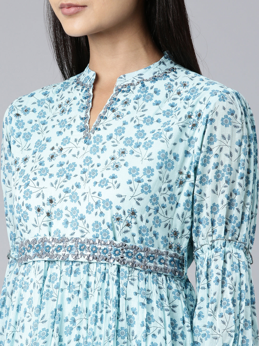 Women's Blue Floral Printed Mandarin Collar Puff Sleeve Cotton Fit and Flare Dress