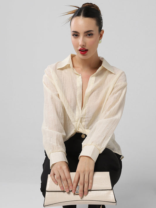 Women's Cream Studded Shirt Style Crop Top