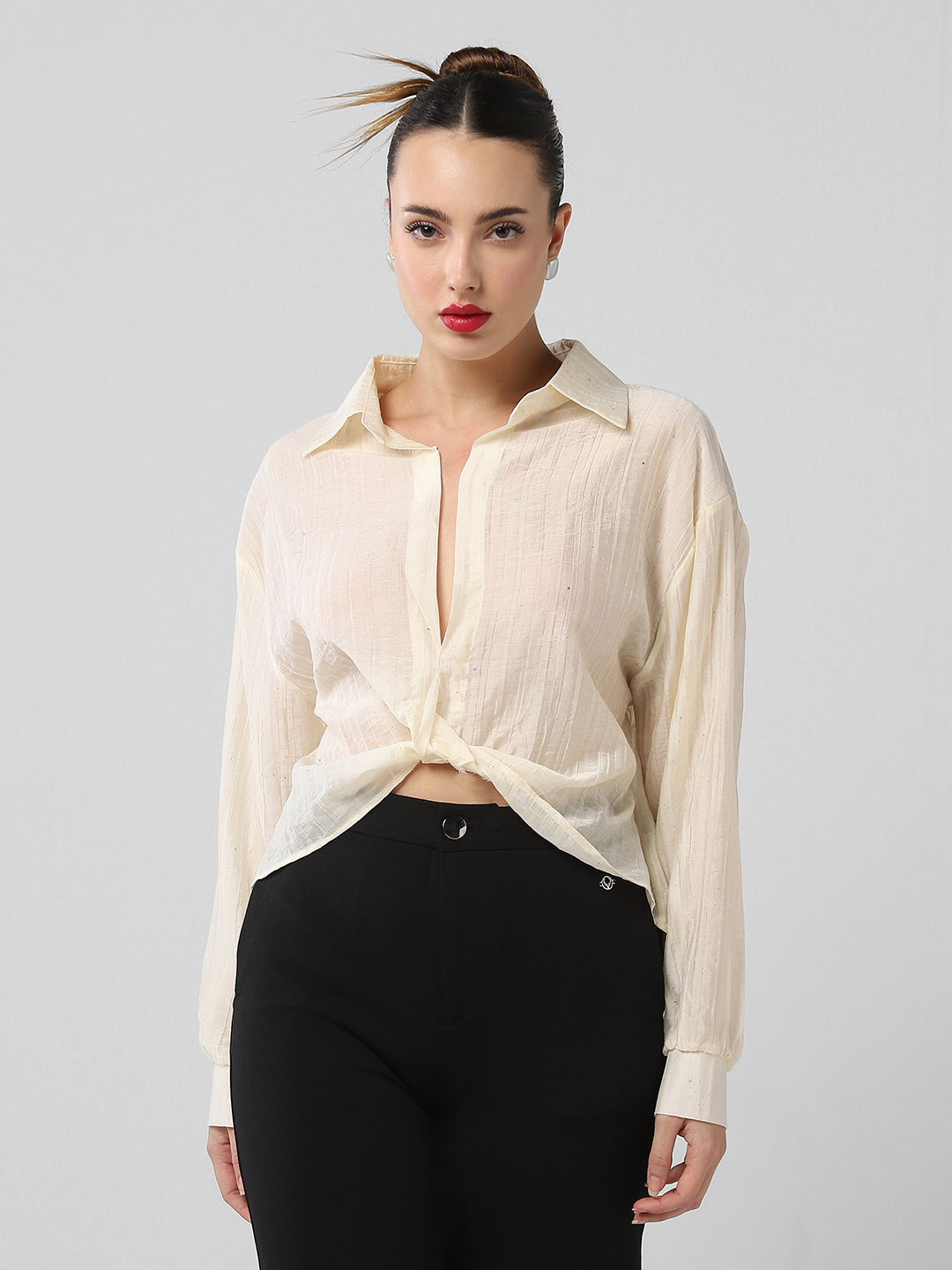 Women's Cream Studded Shirt Style Crop Top