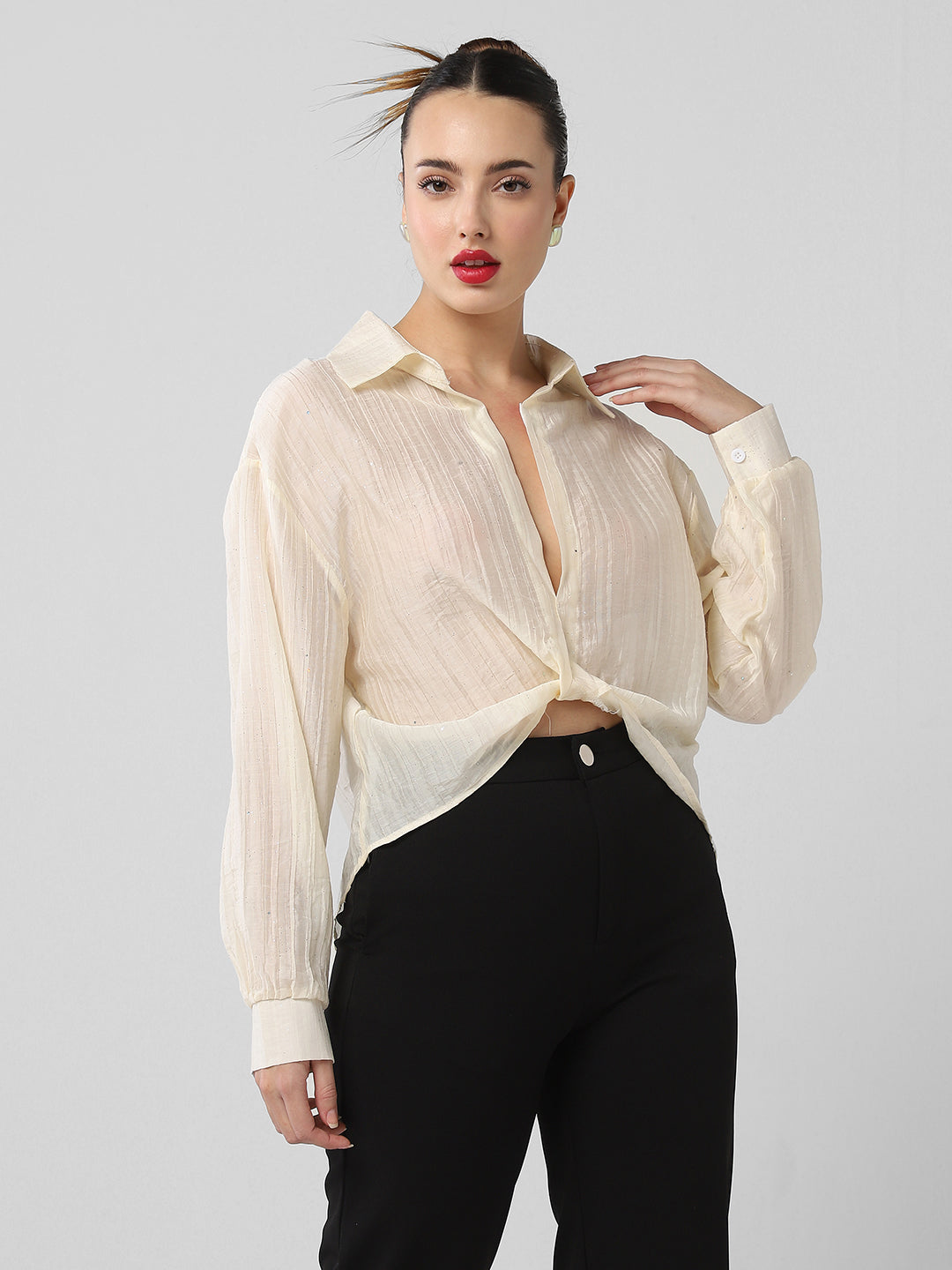 Women's Cream Studded Shirt Style Crop Top