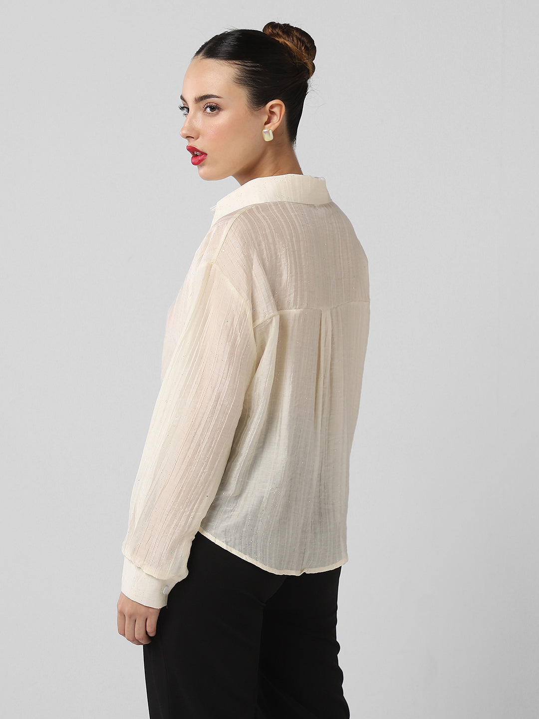 Women's Cream Studded Shirt Style Crop Top