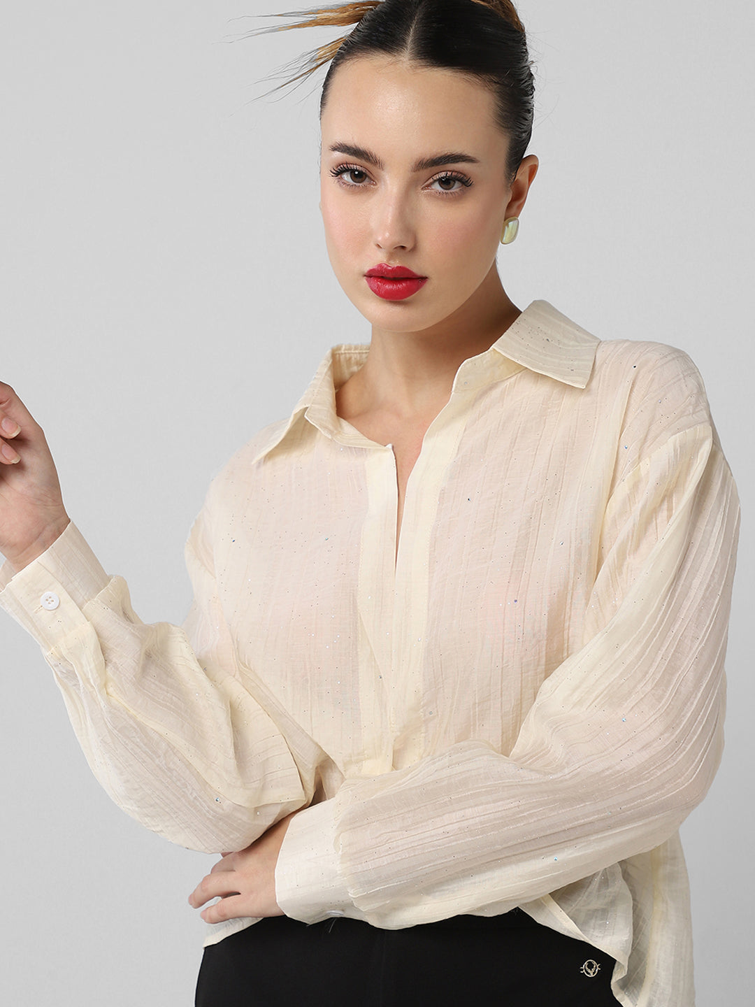Women's Cream Studded Shirt Style Crop Top