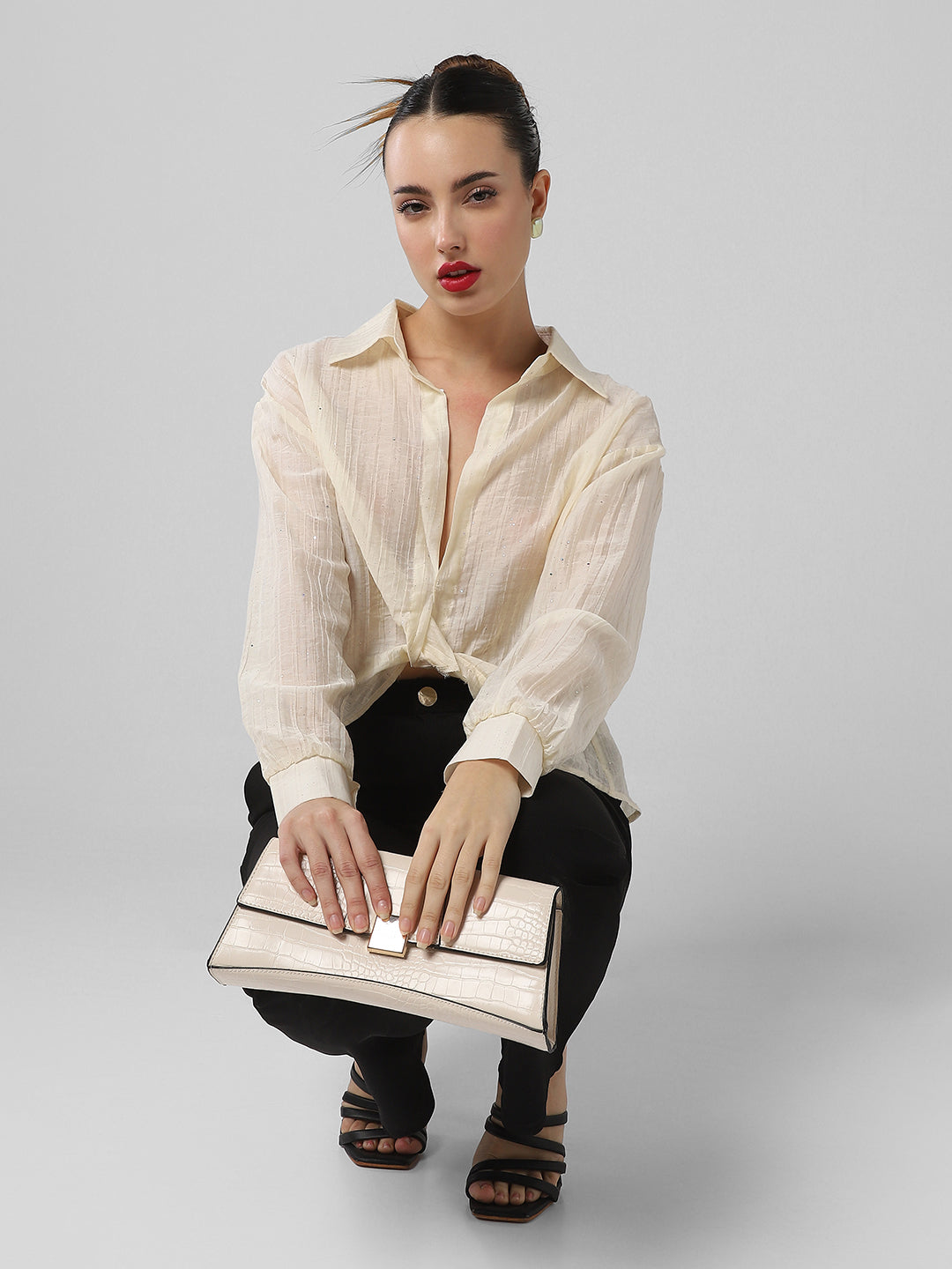 Women's Cream Studded Shirt Style Crop Top