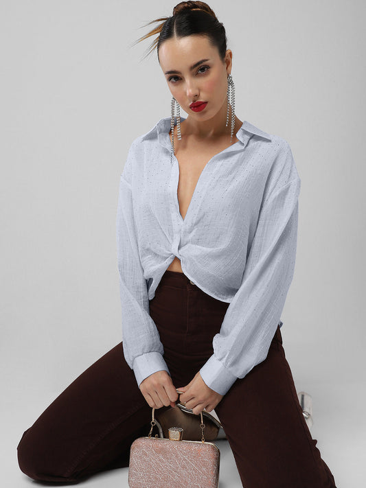Women's Blue Studded Cuffed Sleeves Shirt Style Crop Top