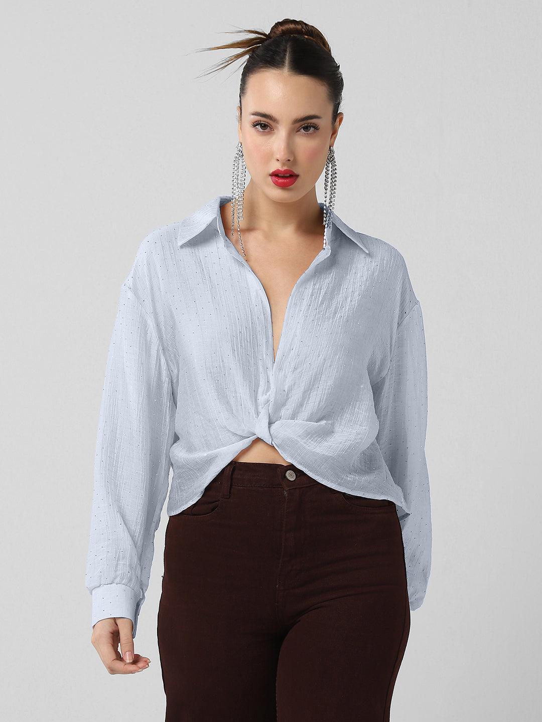 Women's Blue Studded Cuffed Sleeves Shirt Style Crop Top