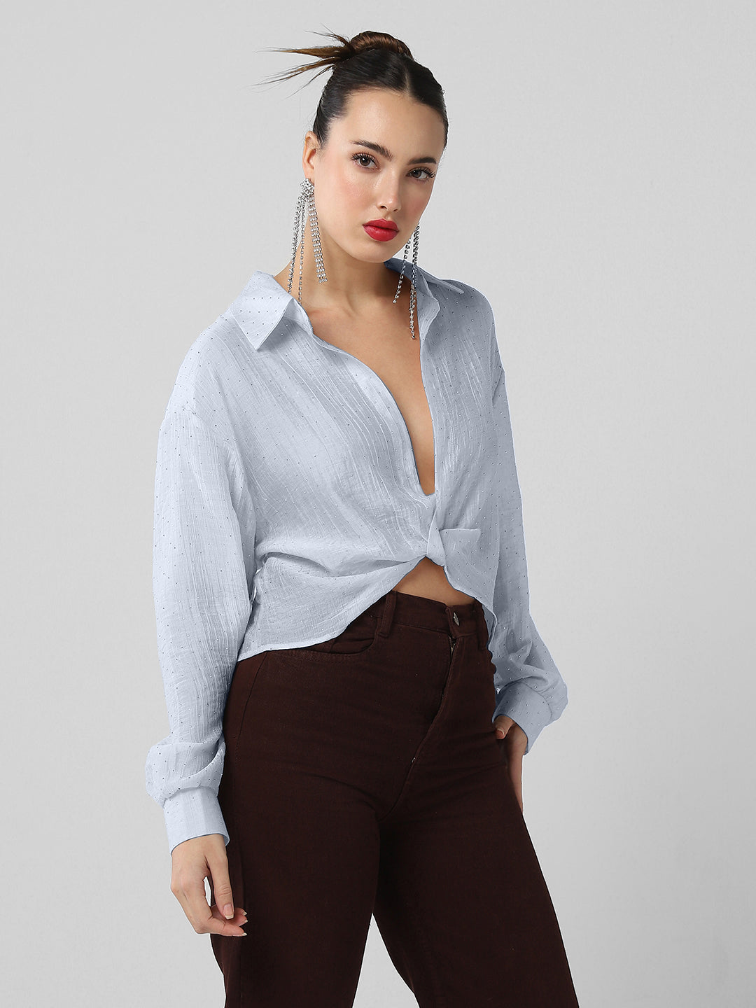 Women's Blue Studded Cuffed Sleeves Shirt Style Crop Top