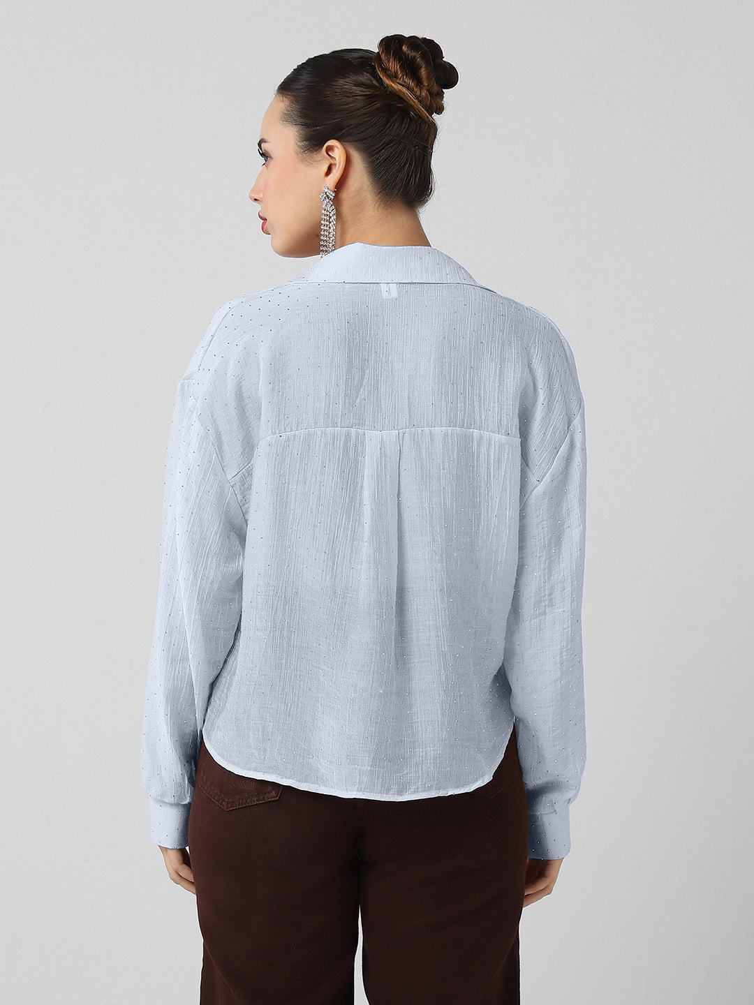 Women's Blue Studded Cuffed Sleeves Shirt Style Crop Top