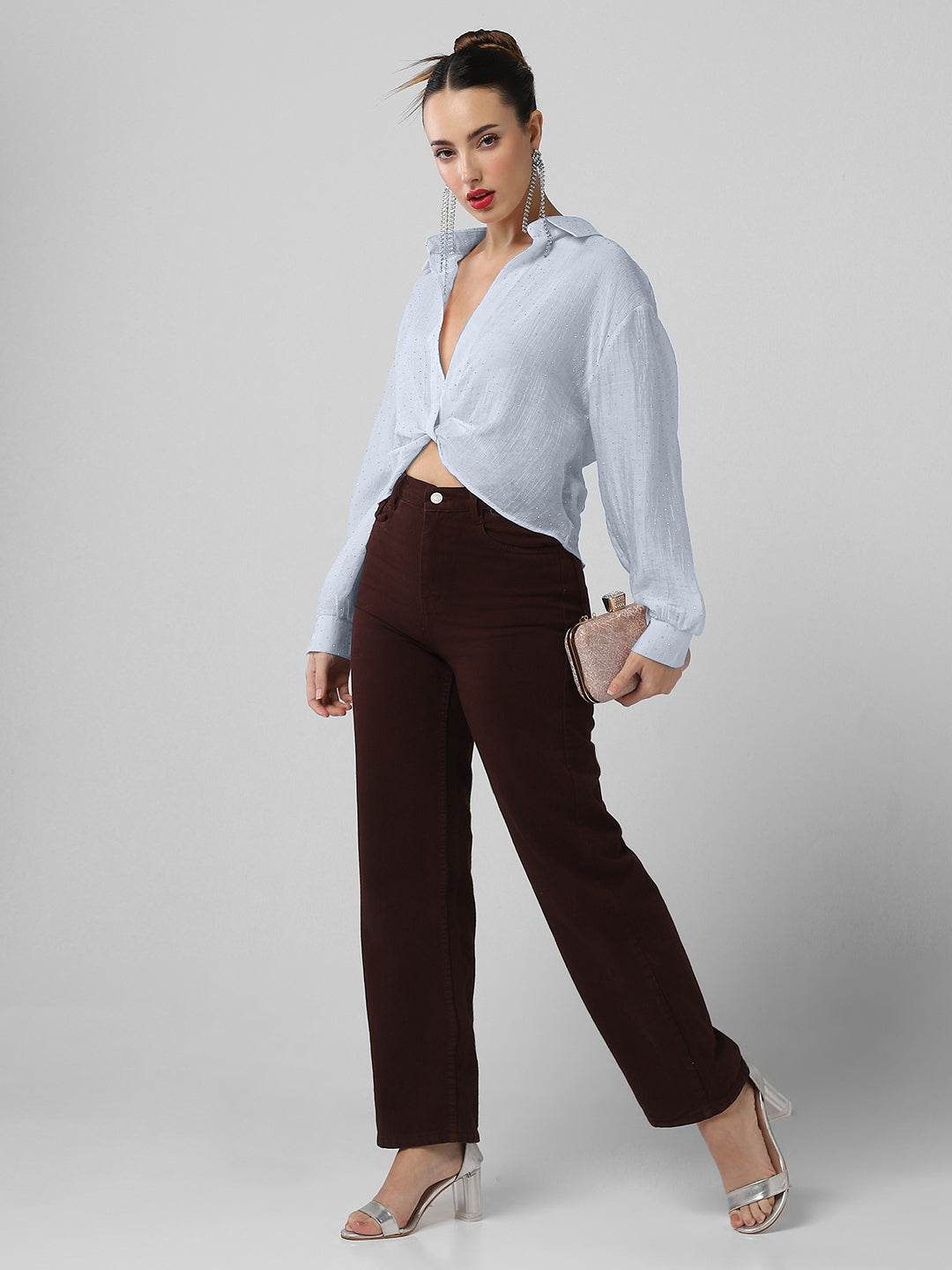 Women's Blue Studded Cuffed Sleeves Shirt Style Crop Top