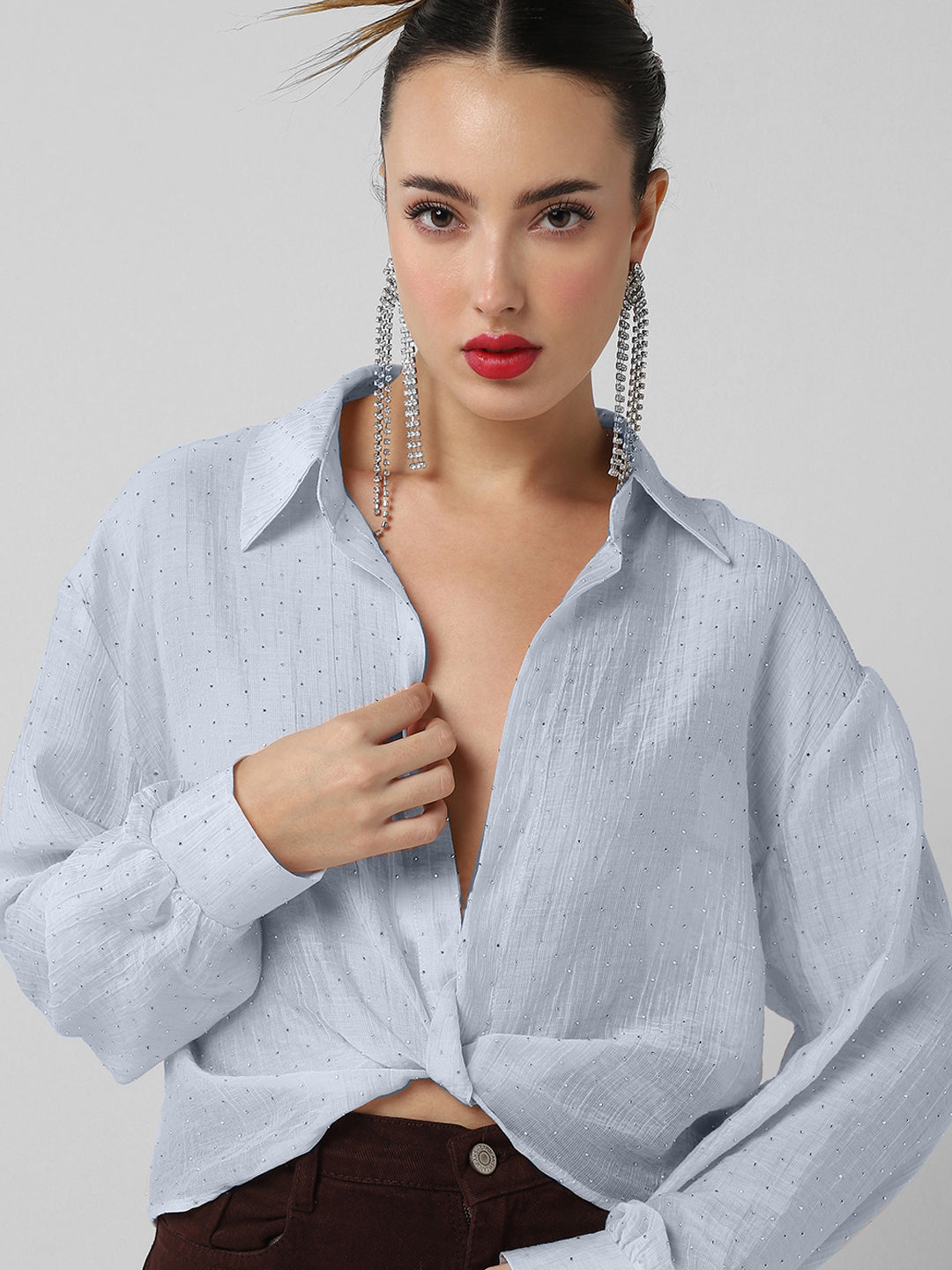Women's Blue Studded Cuffed Sleeves Shirt Style Crop Top