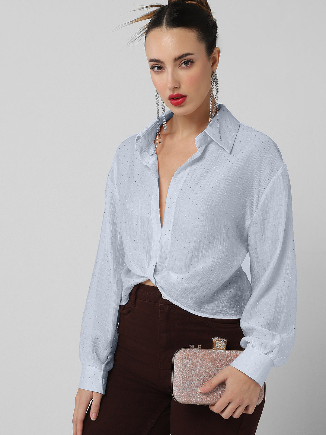 Women's Blue Studded Cuffed Sleeves Shirt Style Crop Top