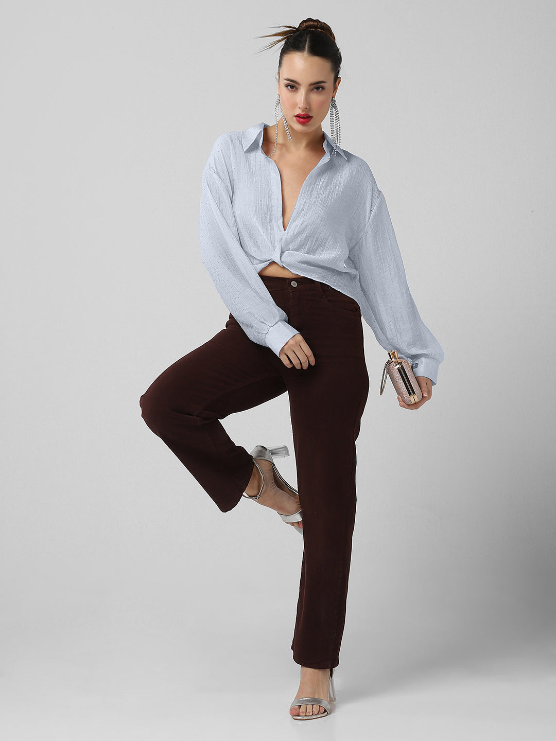 Women's Blue Studded Cuffed Sleeves Shirt Style Crop Top