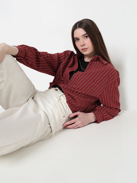Women's Striped Maroon Shirt Collar Crop Top with Inner Tank Top & Neck Chain