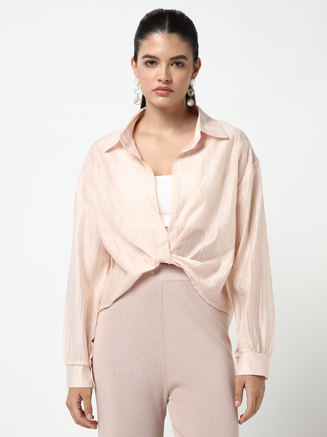 Women's Peach Shirt Collar Studded Shirt Style Crop Top