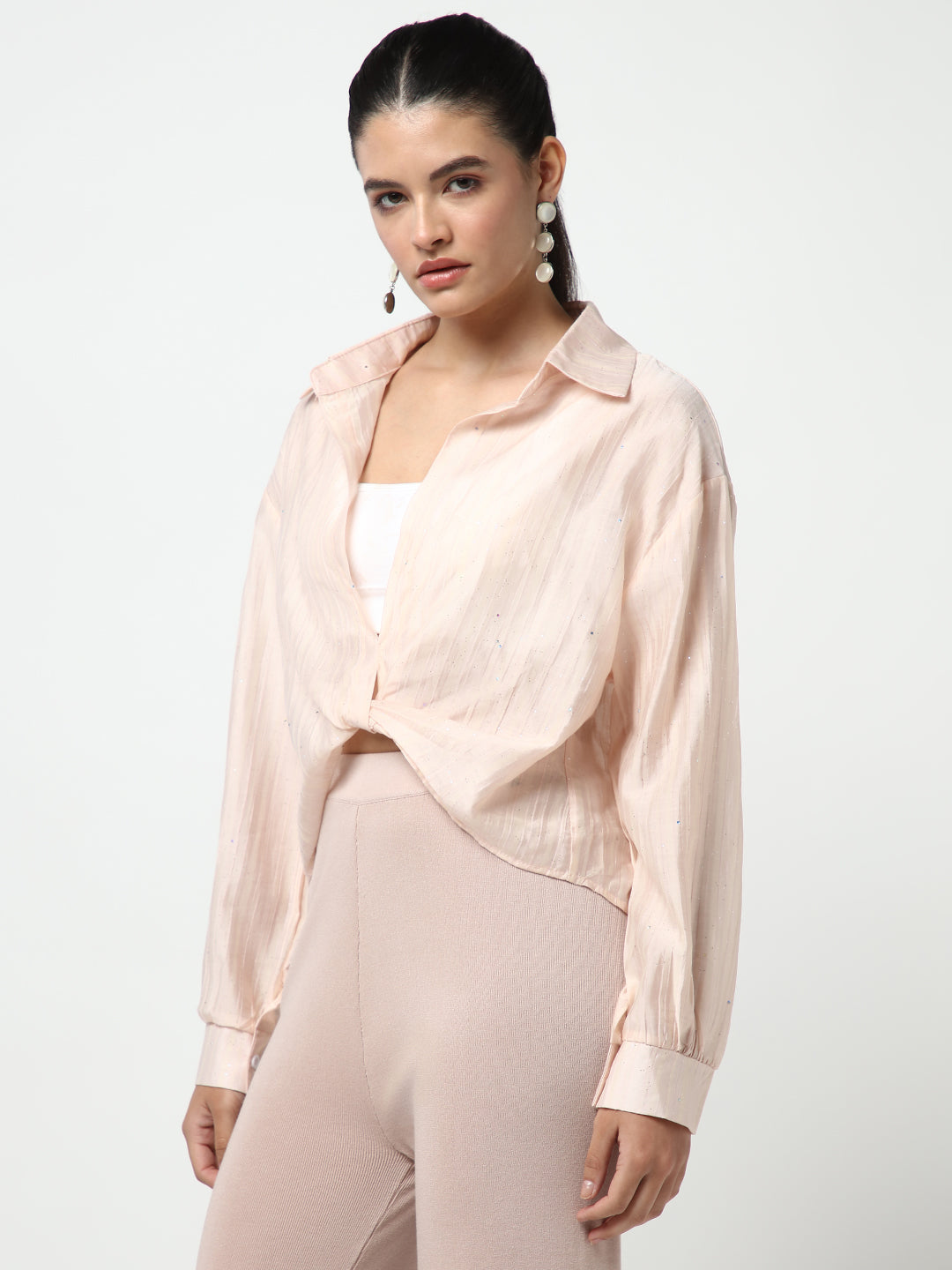 Women's Peach Shirt Collar Studded Shirt Style Crop Top