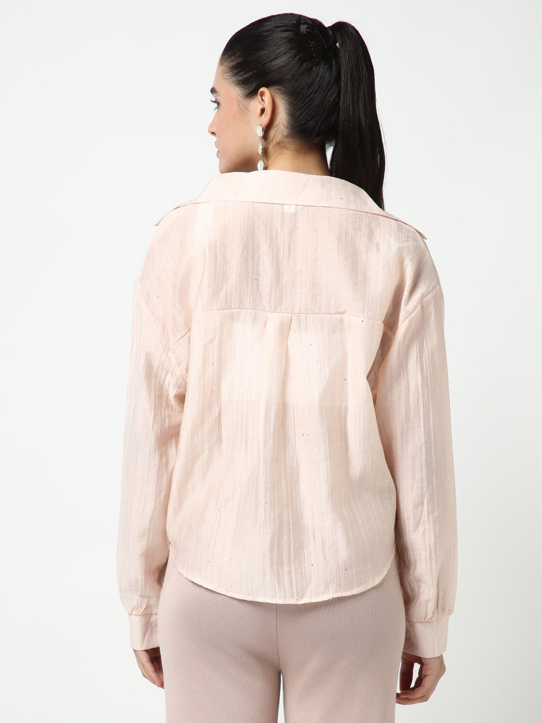 Women's Peach Shirt Collar Studded Shirt Style Crop Top