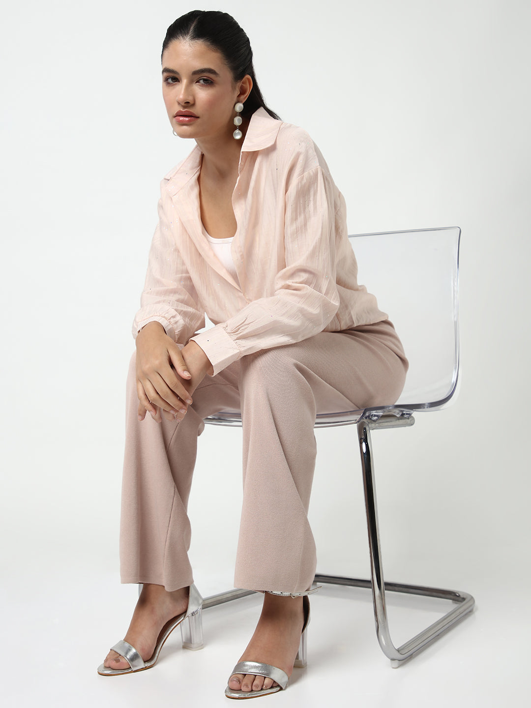 Women's Peach Shirt Collar Studded Shirt Style Crop Top