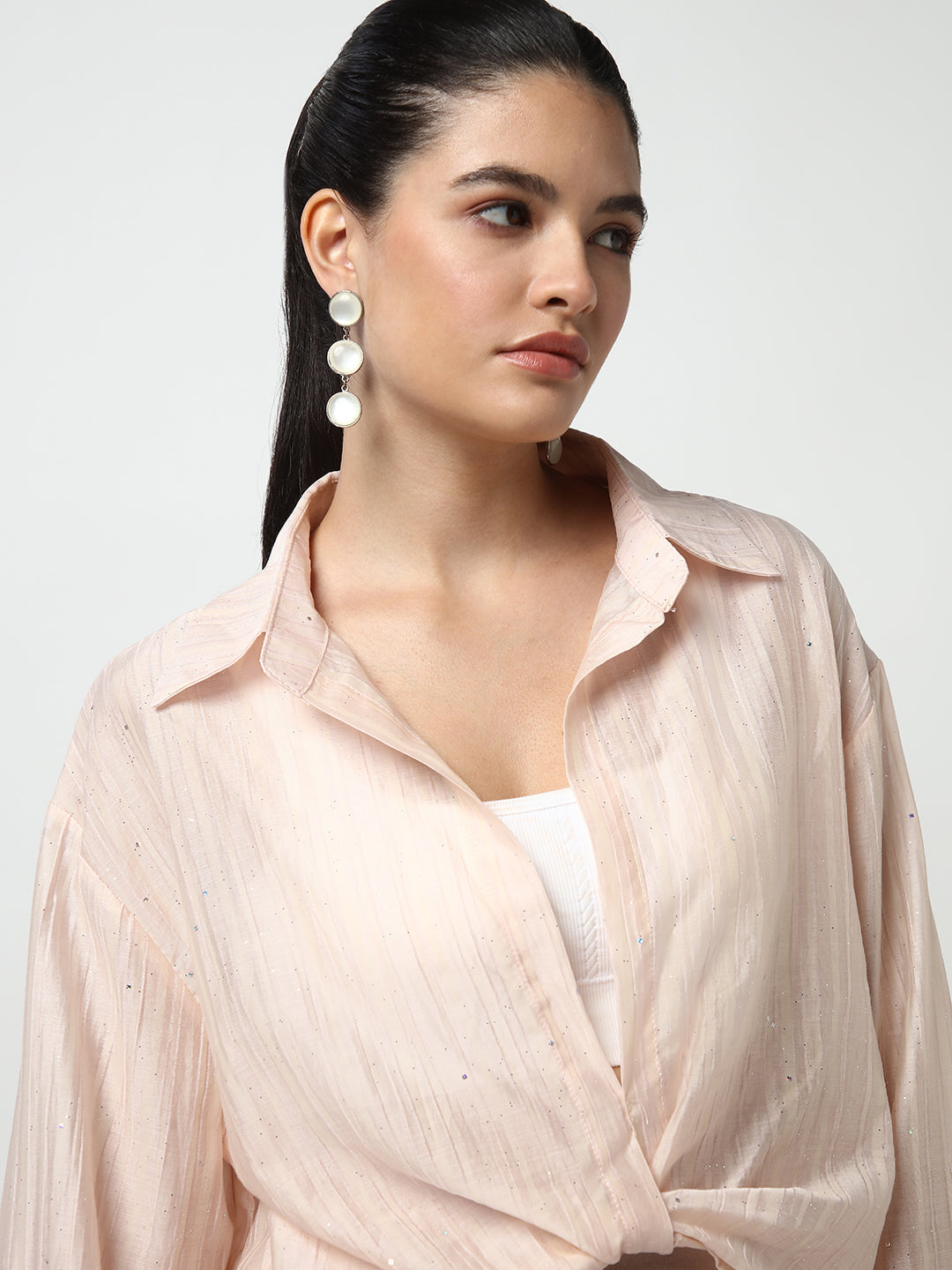 Women's Peach Shirt Collar Studded Shirt Style Crop Top