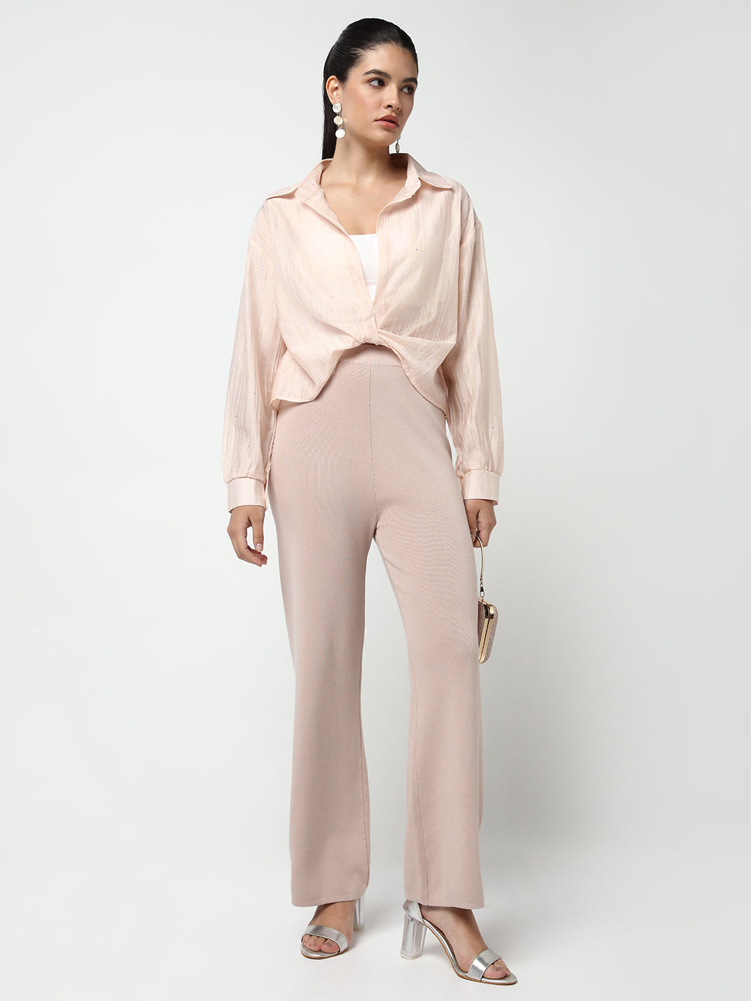 Women's Peach Shirt Collar Studded Shirt Style Crop Top