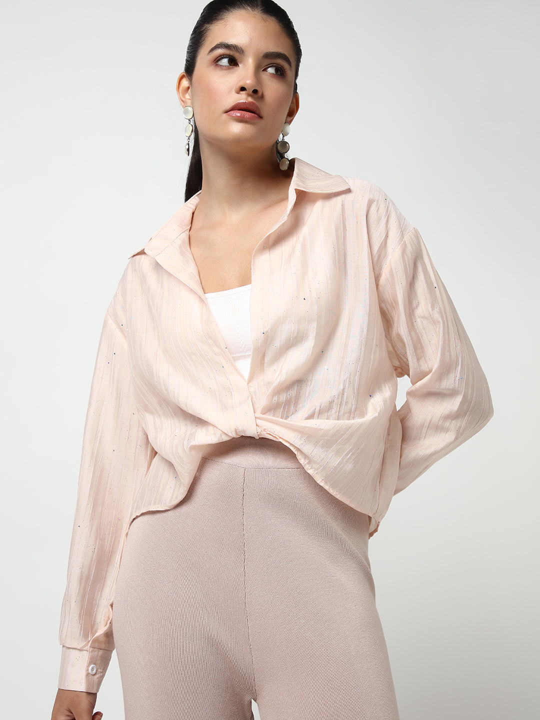 Women's Peach Shirt Collar Studded Shirt Style Crop Top