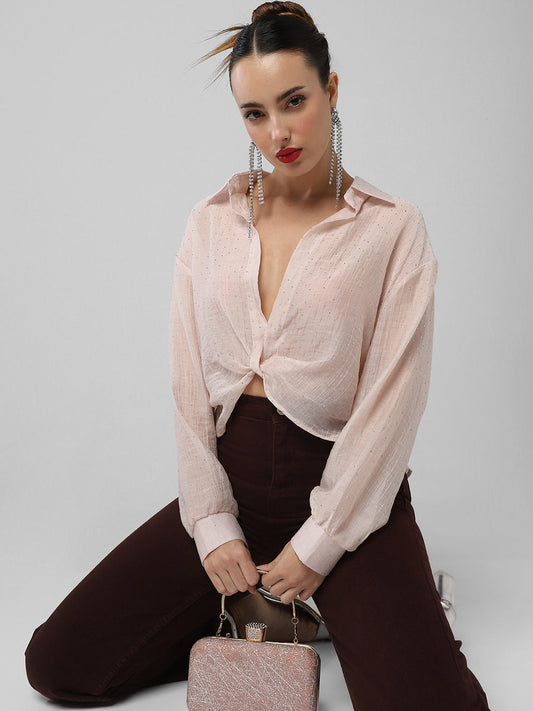 Women's Pink Studded Shirt Style Crop Top