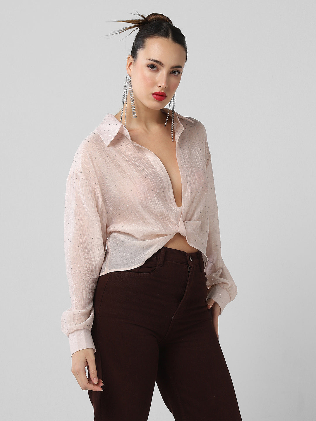 Women's Pink Studded Shirt Style Crop Top