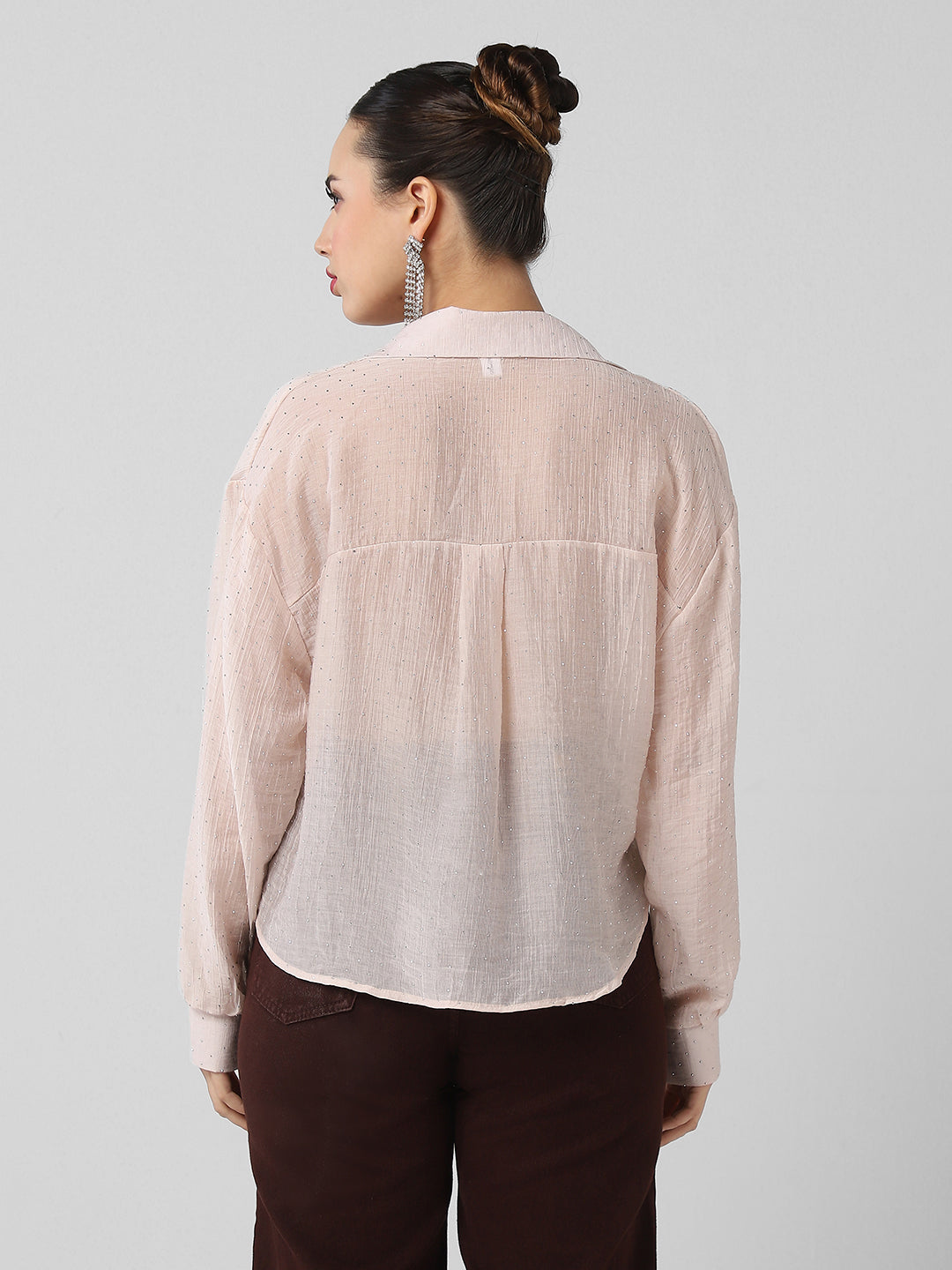 Women's Pink Studded Shirt Style Crop Top