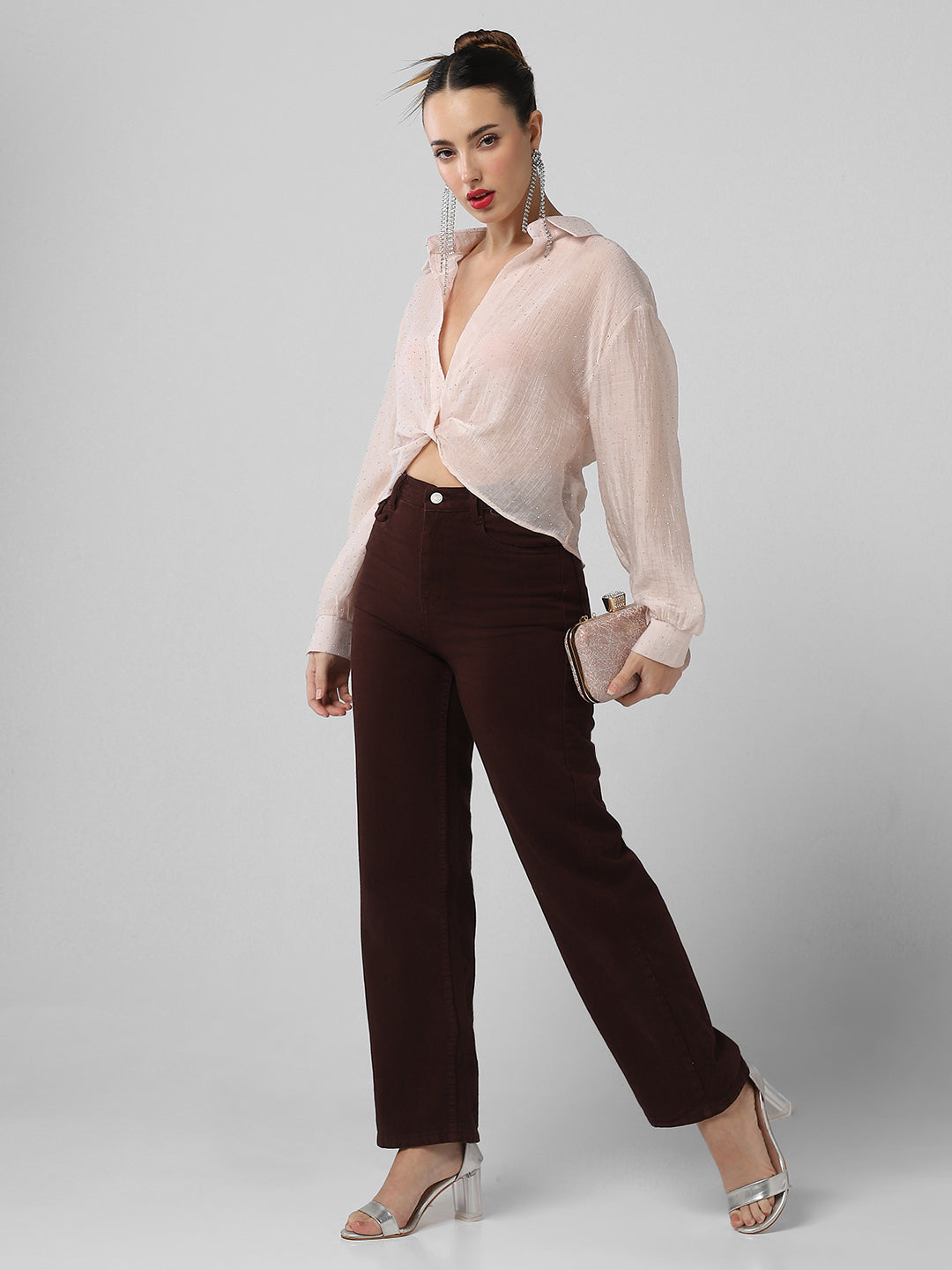 Women's Pink Studded Shirt Style Crop Top