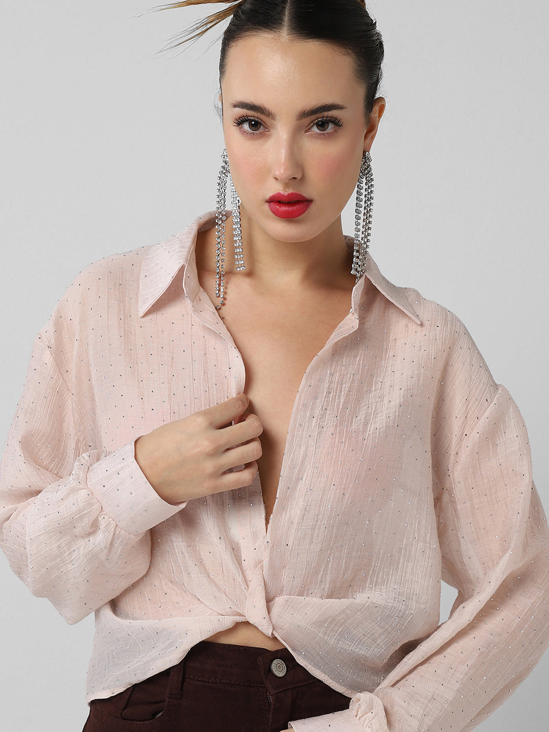 Women's Pink Studded Shirt Style Crop Top