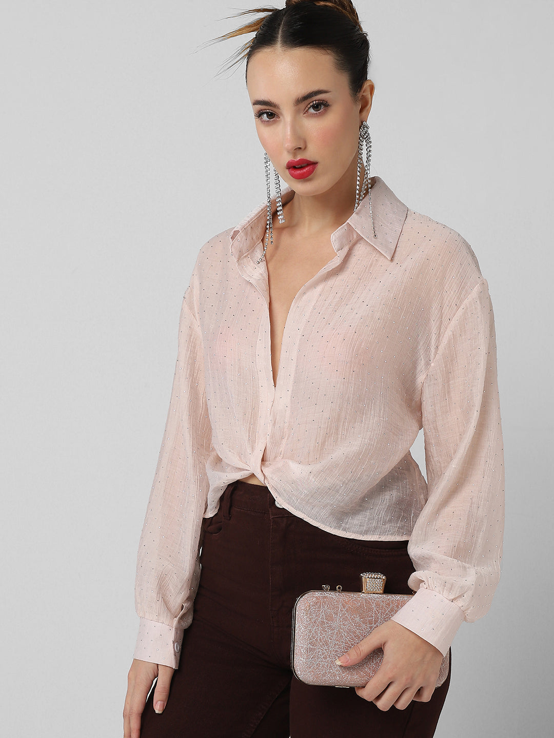 Women's Pink Studded Shirt Style Crop Top
