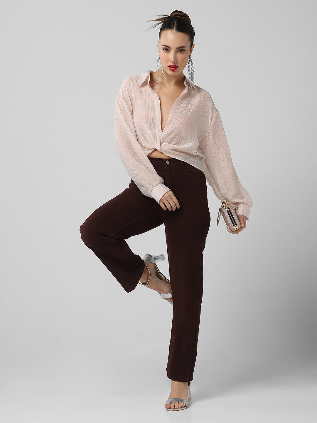 Women's Pink Studded Shirt Style Crop Top